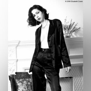 Vintage 1970s Black Satin Wide-Leg Pants with Rhinestone Trim